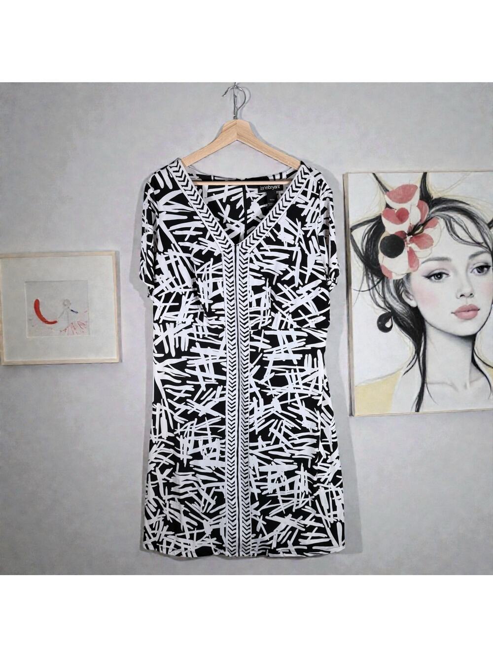 Lane Bryant Women's 18/20 Black & White Geometric A-Line S/S Knee Length Dress